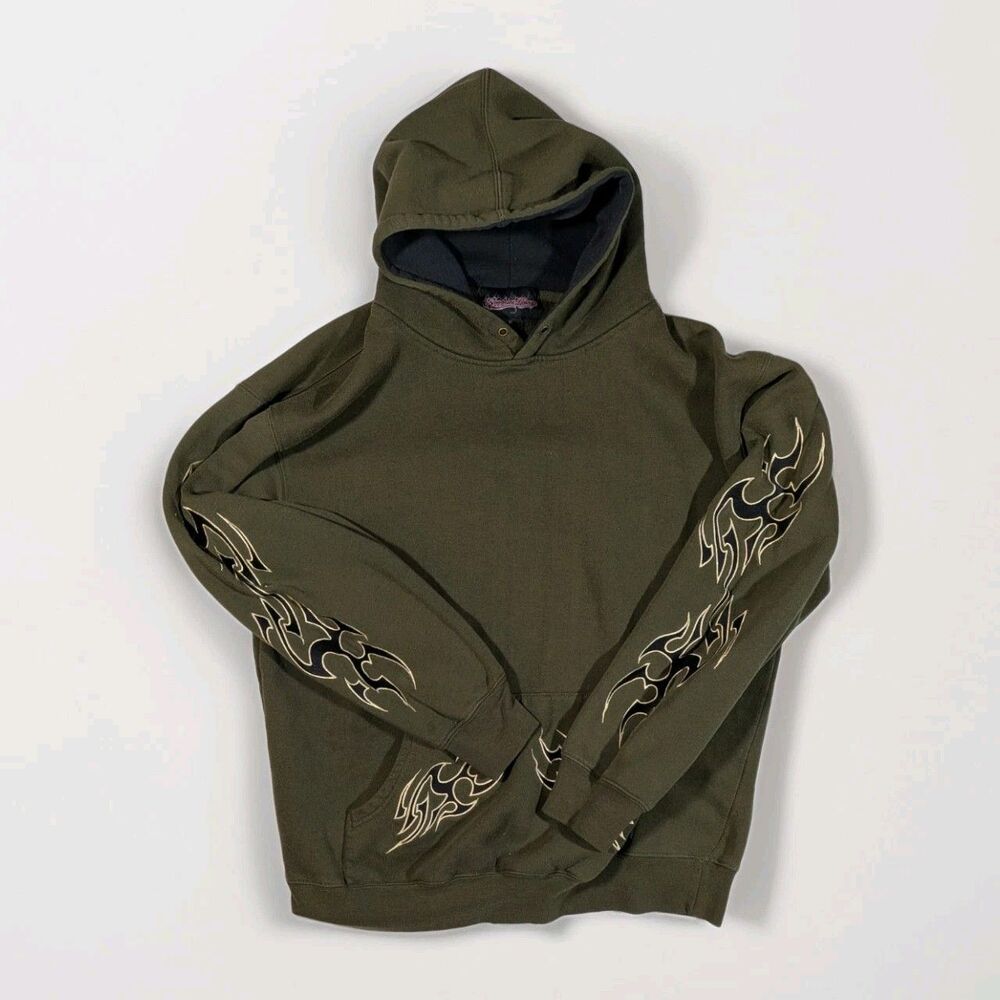 Vintage Y2K Sapphire Lounge Flame Hoodie Mens XL Olive Green Tribal Embroidered